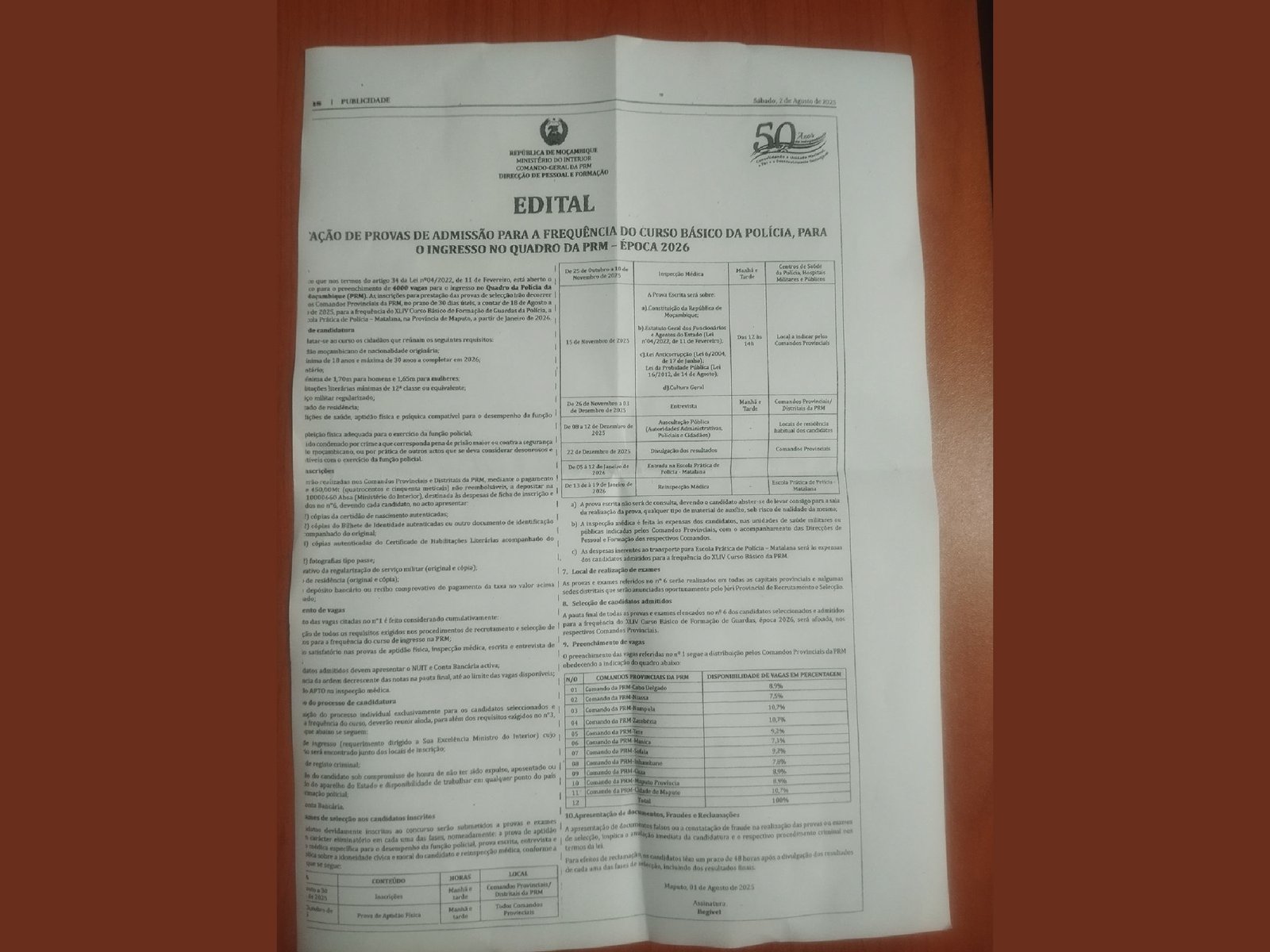 EDITAL DE ABERTURA: Concurso de Ingresso no XLIV Curso Básico de Polícia para o Quadro da PRM – Época 2026